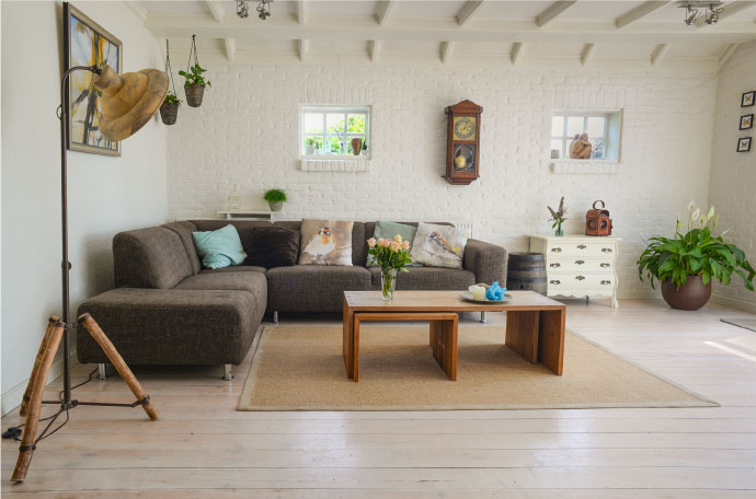 Brown wooden centerpiece table in the living room minimalist living space